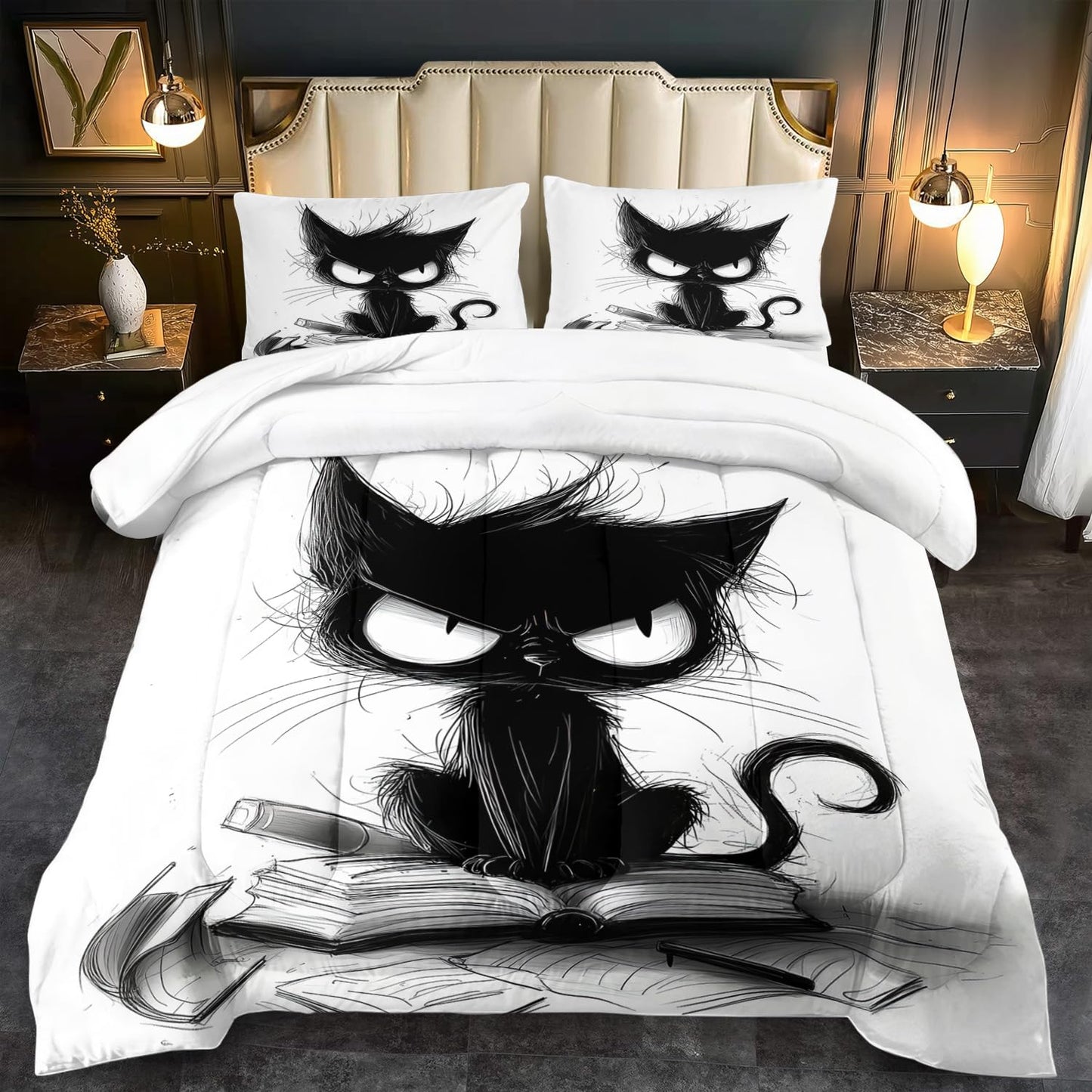 llyxsesty Cute Black Cat Comforter Set Full Size Cute Pet Bedding Set Boys Girls White and Black Comforter Cartoon Cat Quilt Animal Bedroom Decor Kawaii Animal Print Bedding Boys Kids