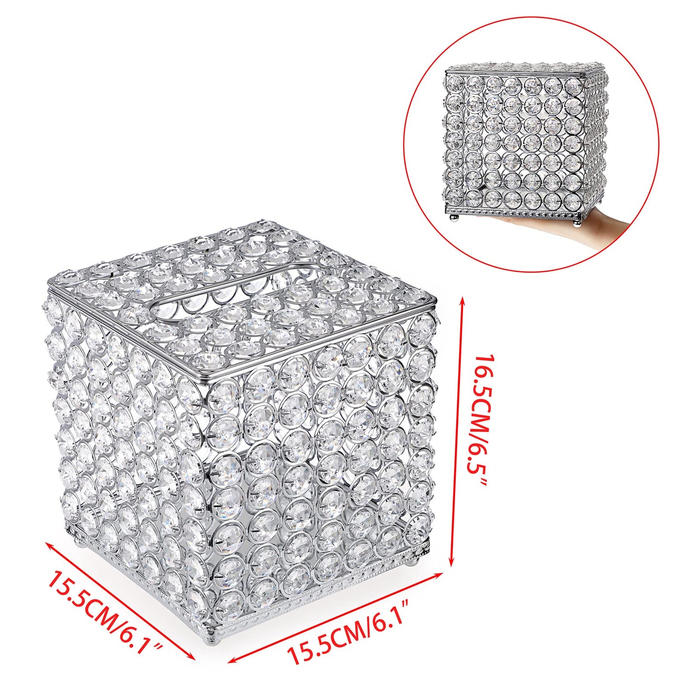 Sumnacon Crystal Square Tissue Box Cover - Decorative Tissue Box Holder, Sparkling Cube Tissue Holder for Bathroom Dresser Night Stand Table Car Store Office Home Decor, Silver