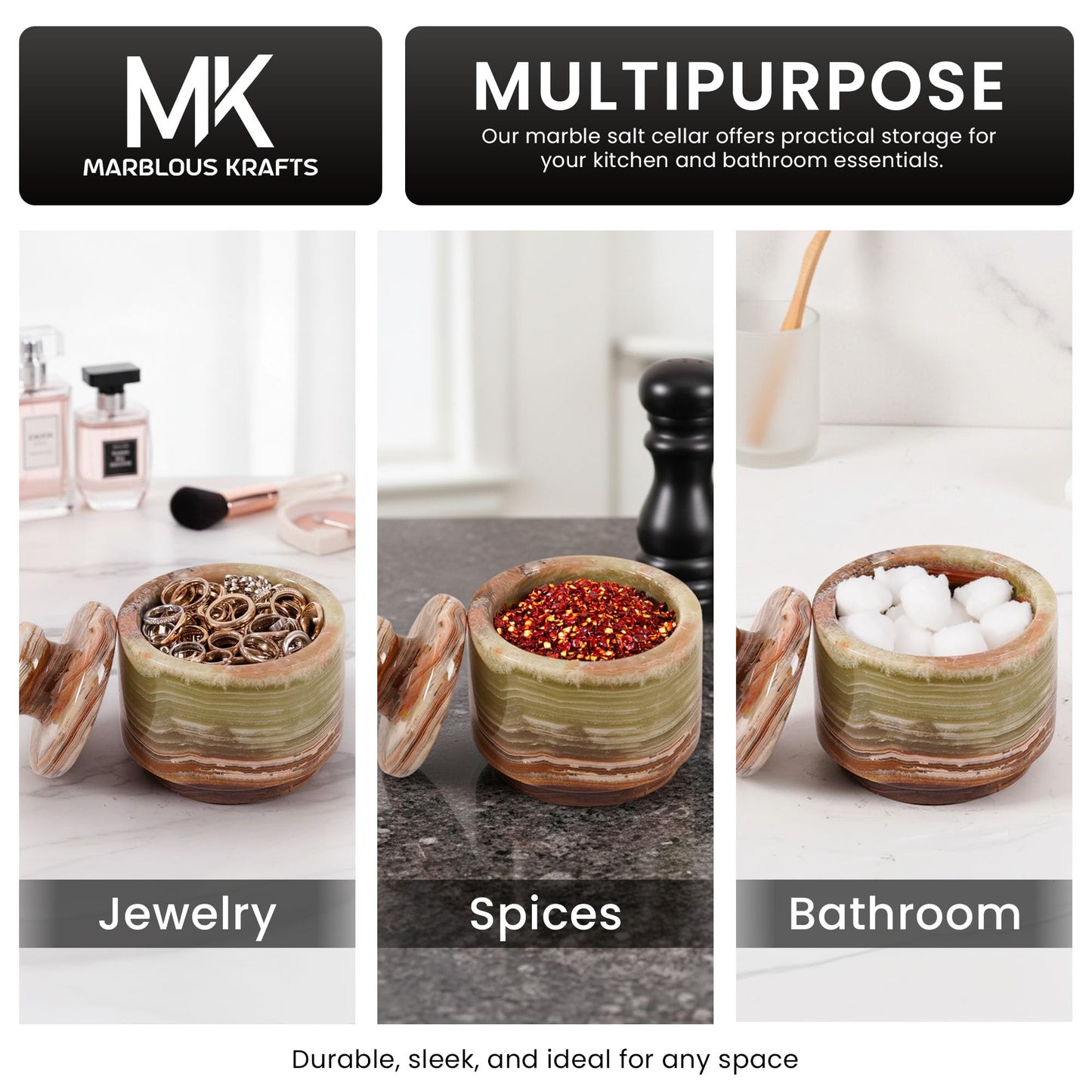 MARBLOUS KRAFTS Marble Salt Cellar with Lid 3" Inch Green Salt Jar & Table Salt Storage For Kitchen Countertop, Salt Container, Salt Dish & Sugar Bowl For Table