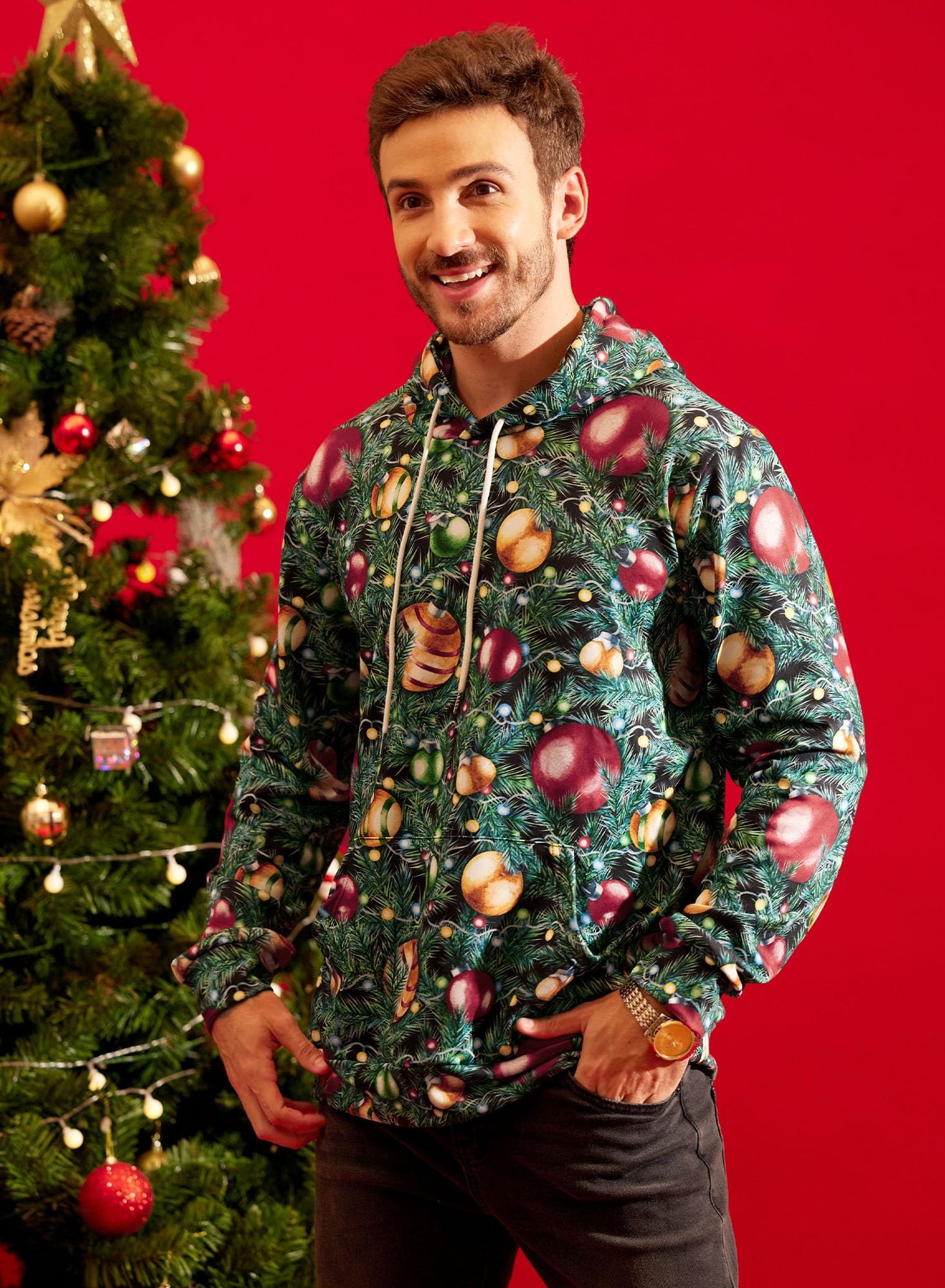 Arvilhill Ugly Christmas Men 3D Printed Funny Hoodies Holiday Pockets Long Sleeve Sweatshirt Xmas Light XL