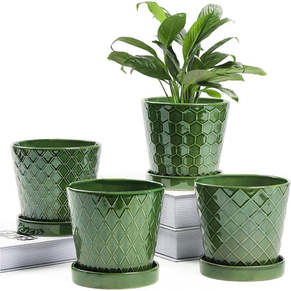 BUYMAX Plant Pots Indoor –5 inch Ceramic Flower Pot with Drainage Hole and Ceramic Tray - Gardening Home Desktop Office Windowsill Decoration Gift, Set of 4 - Plants NOT Included (Patina)