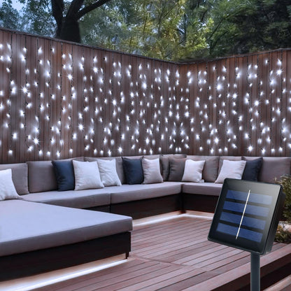 DBFAIRY Solar Curtain Lights,13ft x 3.3ft 200 LED Outdoor Solar Curtain Lights Waterproof Green Wire with 8 Mode for Garden Handrail Railing Eaves Wall Decoration -Cool White