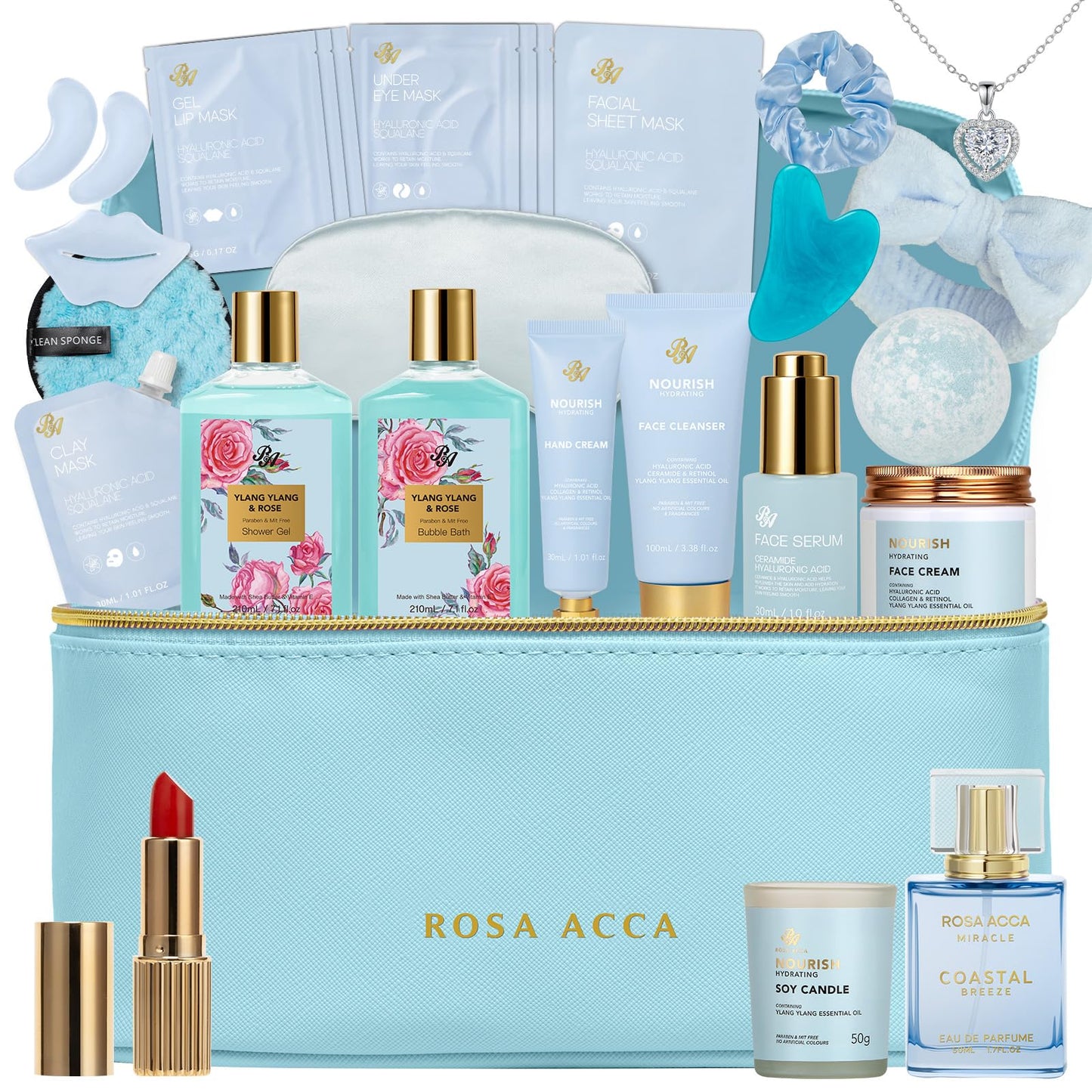 25 Pcs Mother's Day Gift, Bath & Body Gift Basket Set for Women, Skin Care Set, Self Care Spa Gift Basket, Cosmetic Bag, Necklace, Bath Bomb, Christmas, Valentine's, Birthday, Wife, Mom