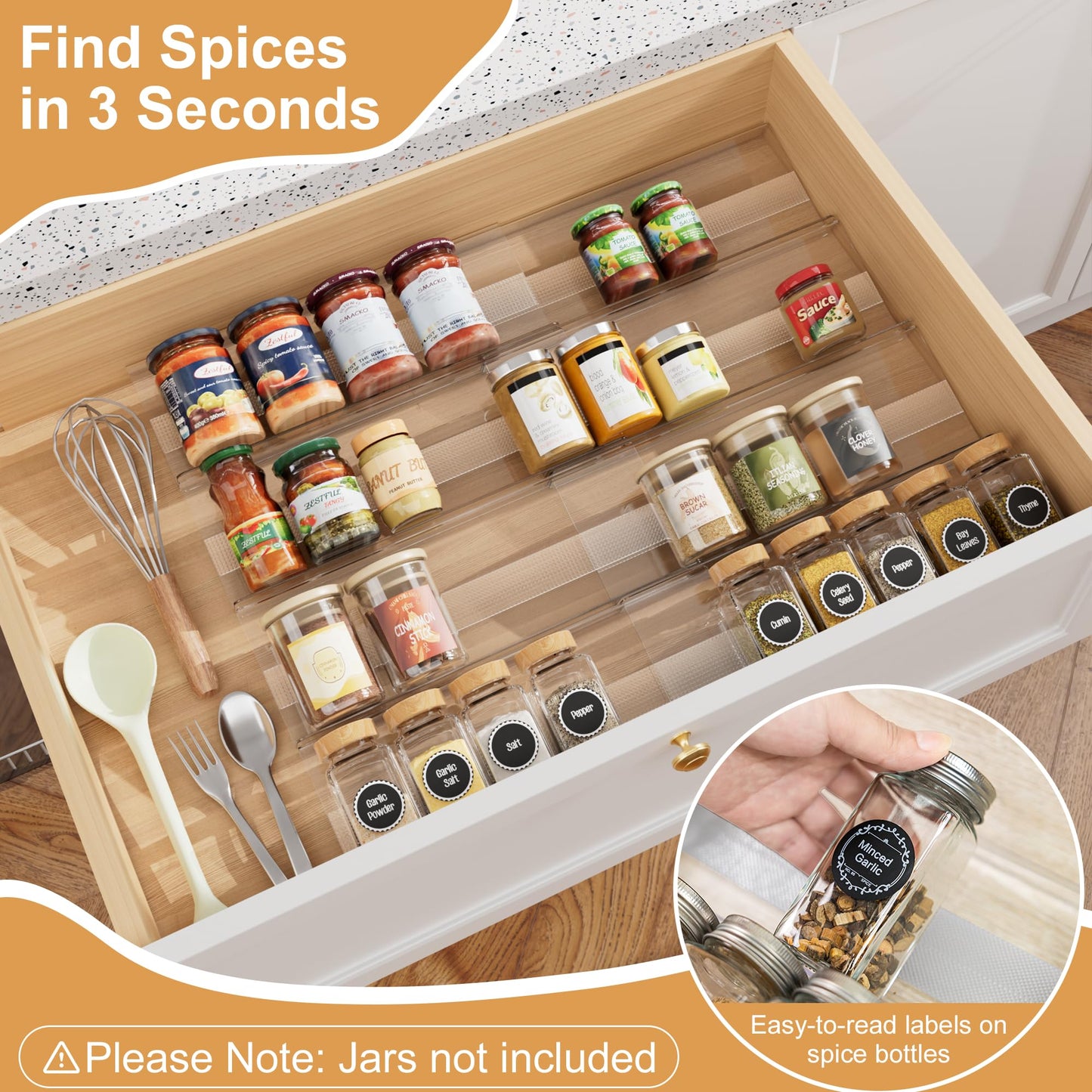 Brippo 8-Pack Spice Drawer Organizer, Expandable Acrylic Seasoning Rack (13" to 26") with Anti-Slip Mat, Kitchen Spice Rack Holds up to 56 Jars (Jars Not Included)