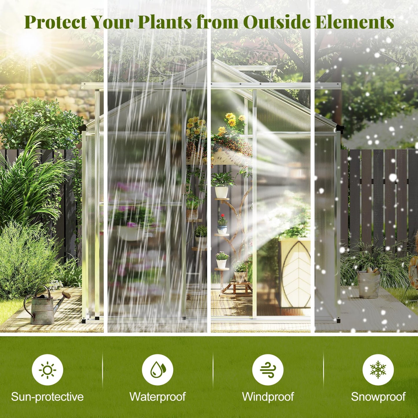 Happygrill Greenhouse, 6 x 8 x 6.5FT Outdoor Polycarbonate Greenhouse w/ Sliding Door, Adjustable Roof Vent, Rain Gutter, Heavy-Duty Aluminum Greenhouses for Outdoors, Garden, Backyard, Patio, Lawn