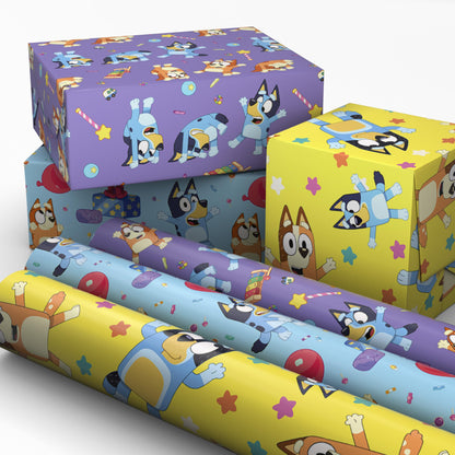 Hallmark Bluey Wrapping Paper Rolls for Kids (3 Rolls: 60 Sq. Ft. Total) Purple, Blue and Yellow Gift Wrap for Birthdays, Christmas, Valentine's Day