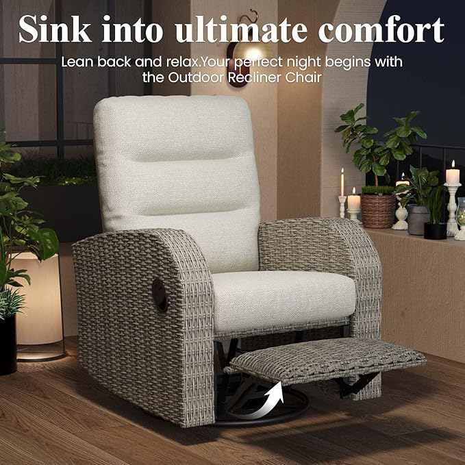 LayinSun Oversized Wicker Outdoor Swivel Glider Recliner with Adjustable Backrest & Footrest, Patio Reclining Lounge Chair