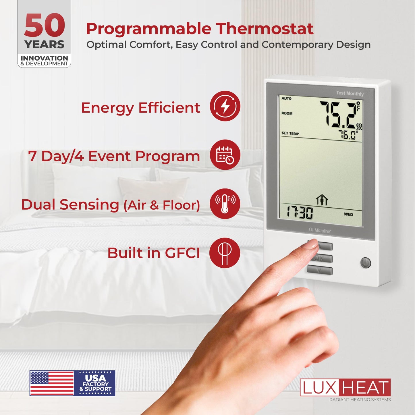 LuxHeat 50sqft Floor Heating Mat Kit – 120v Electric Radiant Heated Floor Kit – Heated Flooring System for Tile & Laminate - Includes UDG Programmable Thermostat w/GFCI, Alarm & Sensor