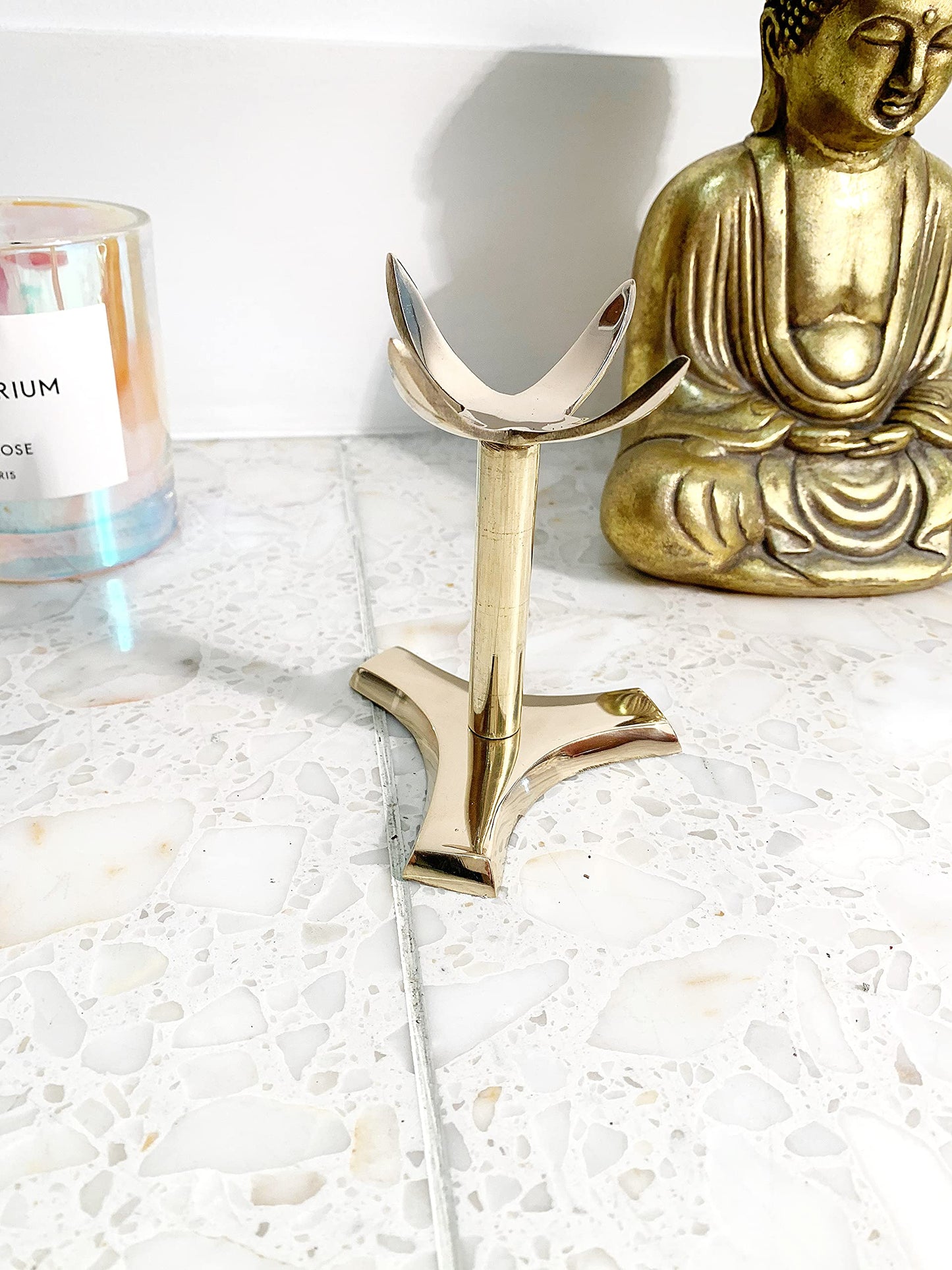 Modern Crystal Display Stand | Brass Rock Stand for Shelf | Sphere Mineral Specimen Collection