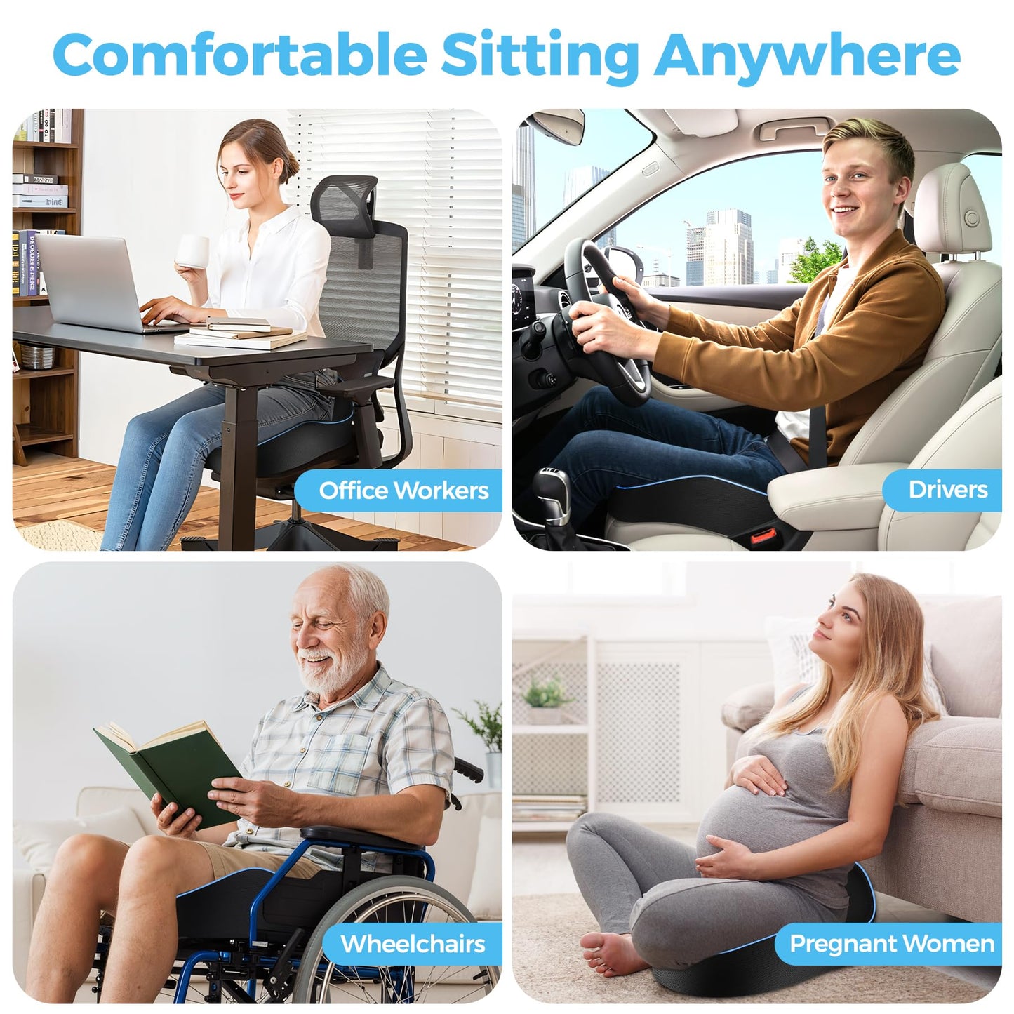 POOTACK Seat Cushions, Comfort Memory Foam Office Chair Cushion, Ergonomic Support Desk Chair Cushions Seat Pad for Office Chair/Car Seat/Wheelchair/Gaming Chairs, Large & Non-Slip