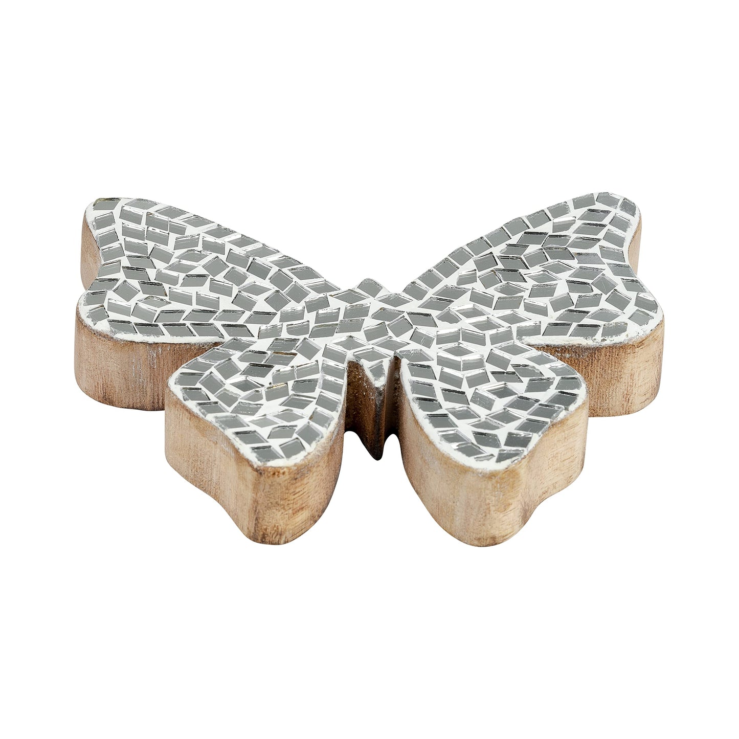Decorative Sculpture Table Top – Glass Mosaic Butterfly Overmantel Modern Coffee Table Decor - Mango Wood Accent Piece for Coffee Tables, Shelves & Living Rooms – Elegant Home Decor – 5", White