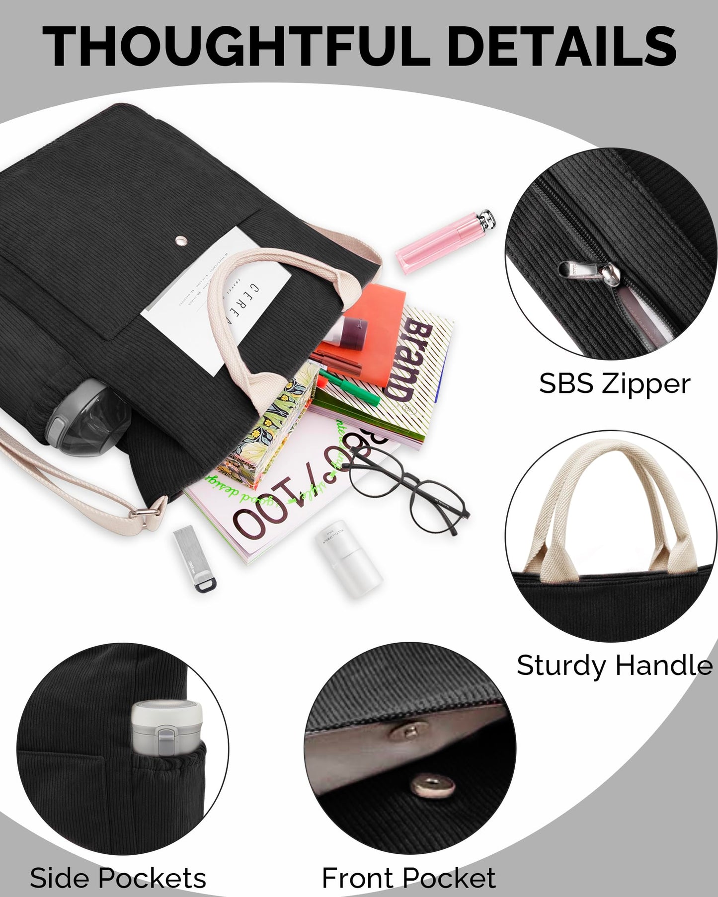 Prite Corduroy Tote Bag for Women with Zipper Large Capacity Shoulder Bags with Adjustable Strap and Pockets Waterproof Handbag for Work School Shopping Travel College (Black)