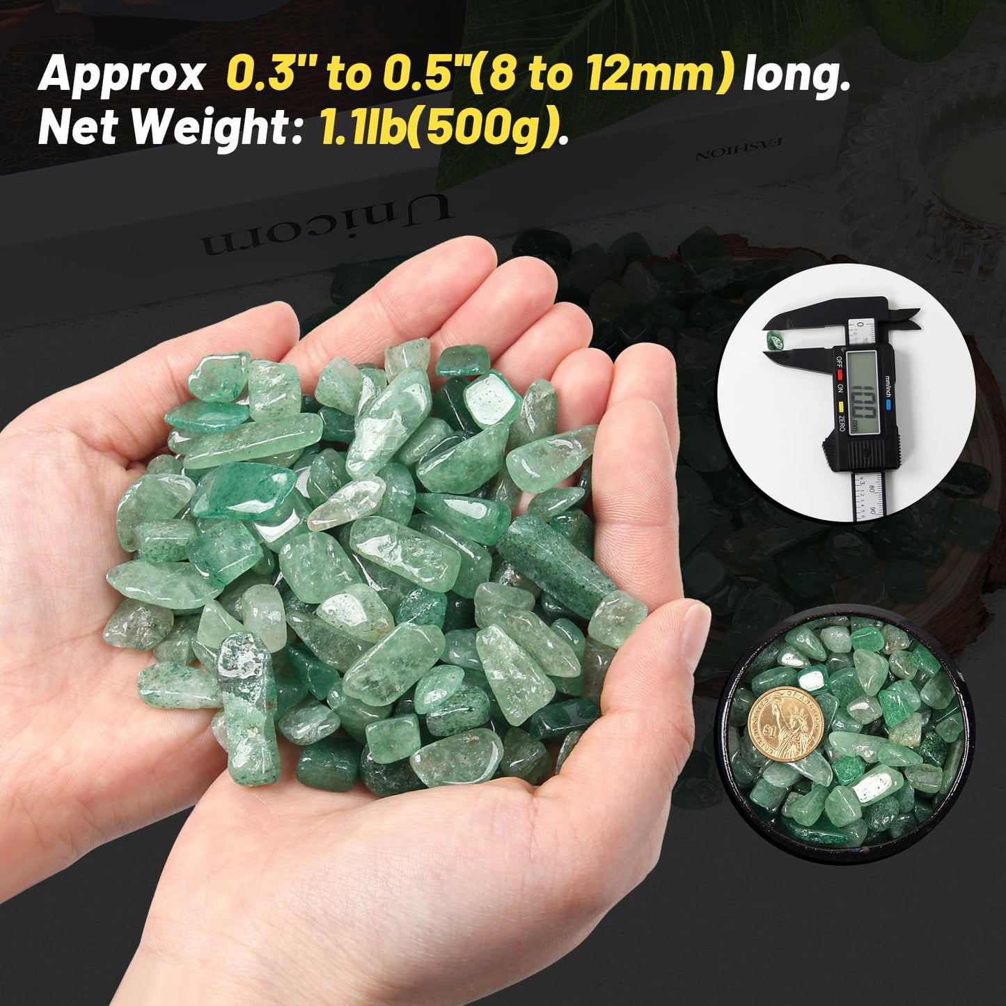 1.1lb Natural Crushed Green Strawberry Quartz Crystal Tumbled Chips-Healing Crystals Chips Bulk, Crushed Crystal Gemstones for Crafts, Beautiful Package for Gift(Green Strawberry Quartz)