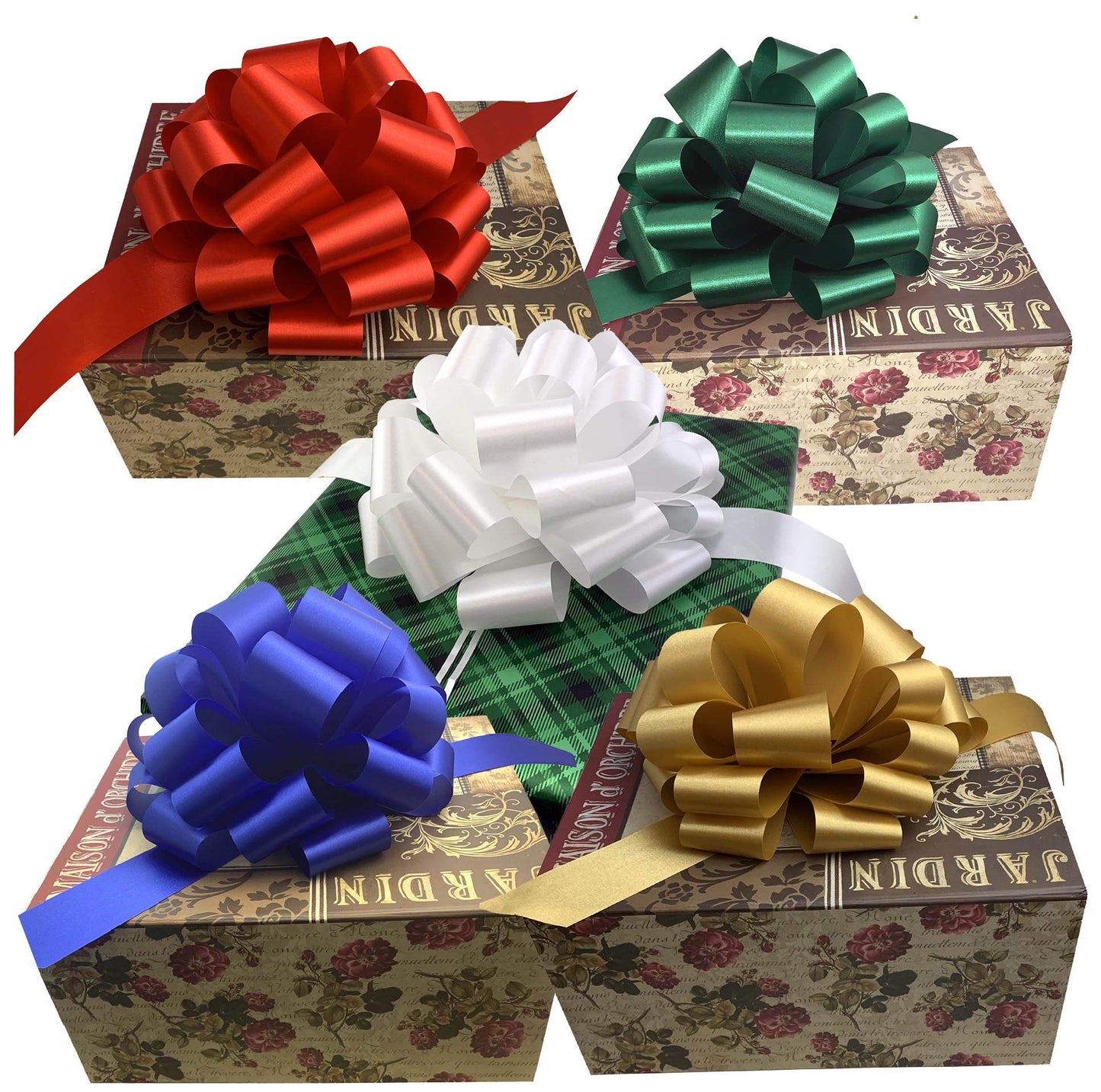 Gold, White, Green, Blue, Red Pull Bows for Gifts - 9" Wide, Set of 5, Christmas, Presents, Gift Basket, Birthday, Holiday Embellishments, Office, Fundraiser, Wreath, Swag, Easter