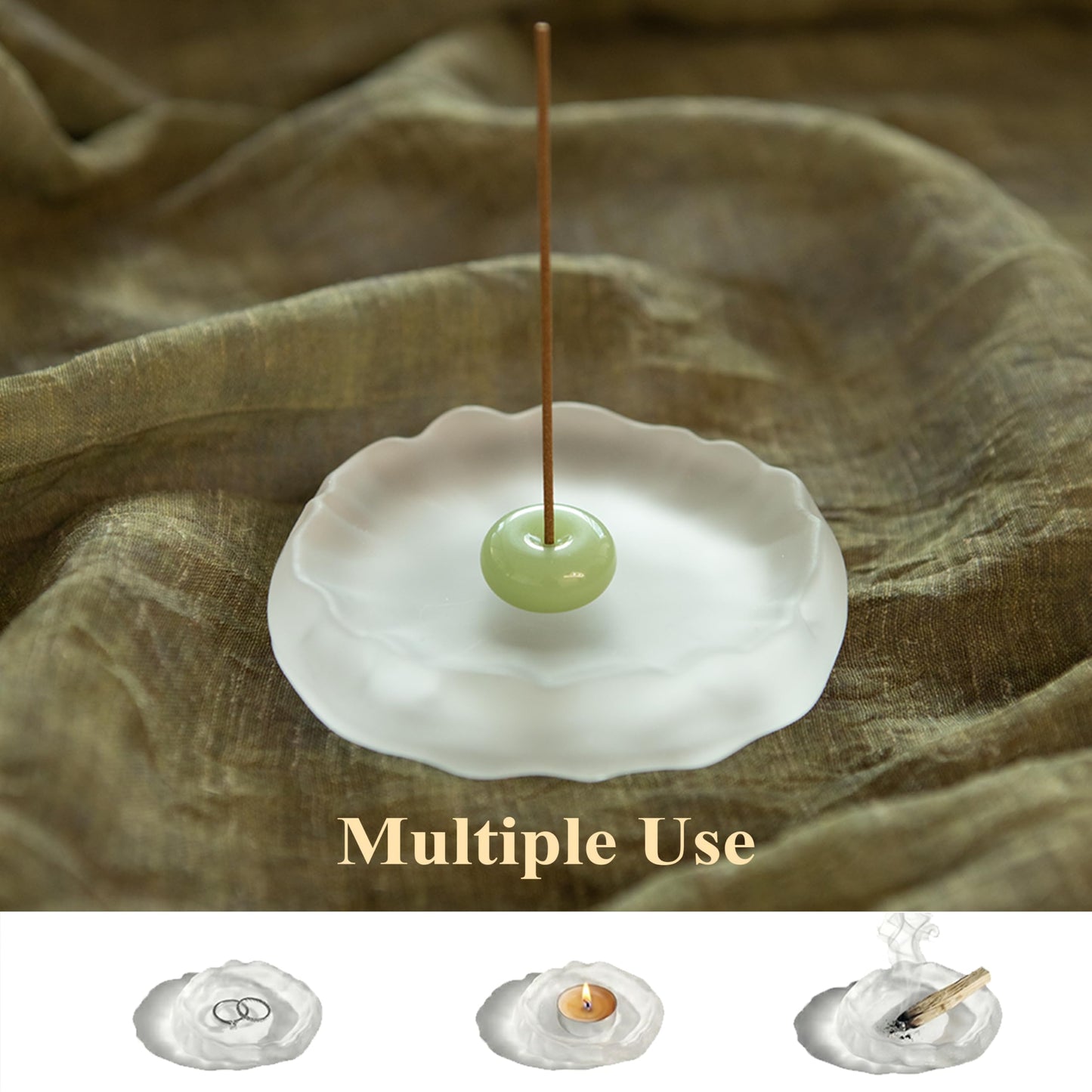 SATORY Handmade Zen Incense Holder 4.1" W- Frosted Glass & Green Jade Stone, Multi-Purpose Ash Catcher- Bakhoor Burner Gift with Incense Stick Samples, Home Décor, Yoga Meditation, Office