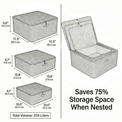 SHEYRAJIIA 3-Pack Cube Seagrass Storage Bins with Lids - Sturdy Reinforced Metal Frame Woven Boxes - Stackable Organizers for Closet, Bathroom & Office Shelf