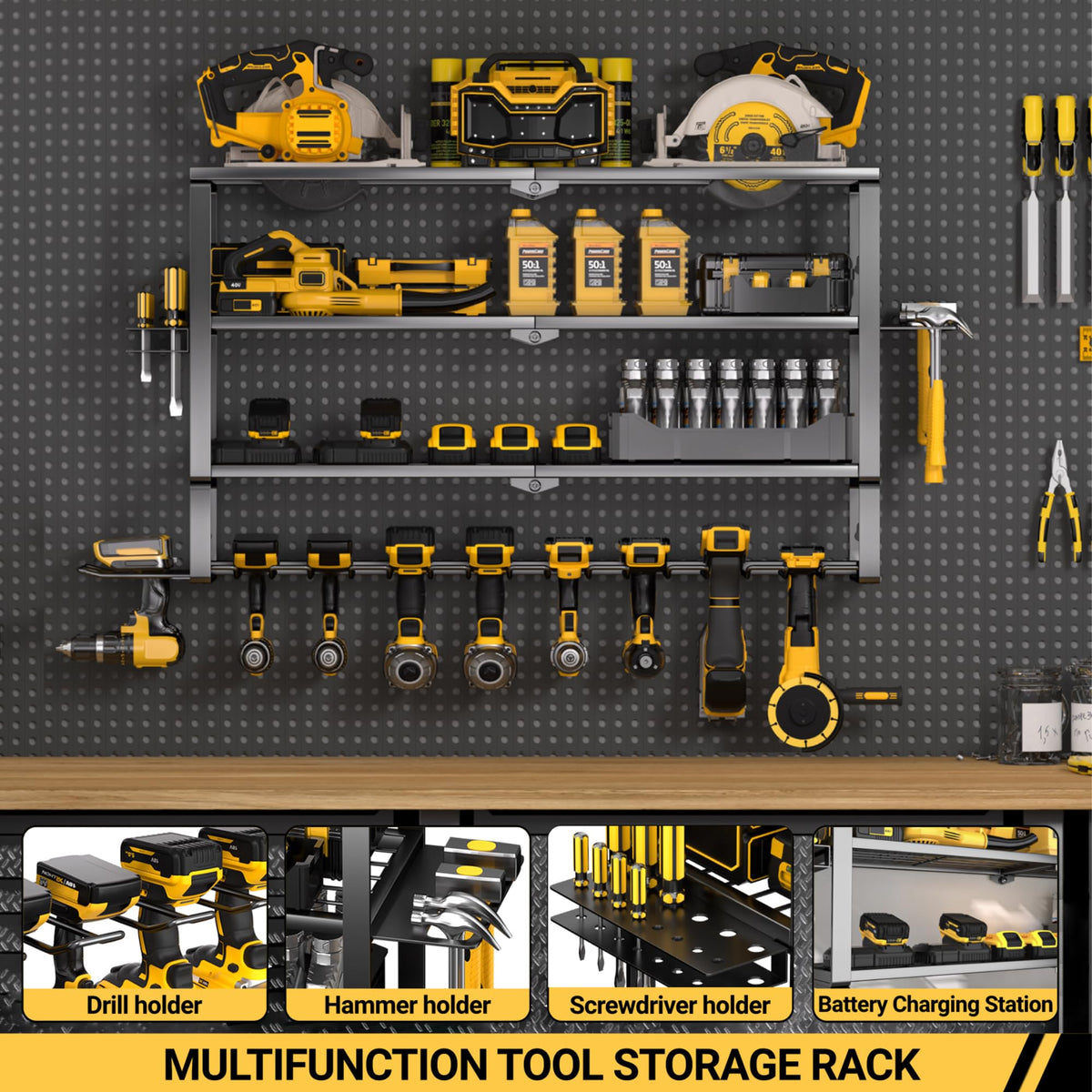 YYR Large Power Tool Organizer Wall Mount, Heavy Duty Metal Cordless Drill Storage Rack with Battery Charging Station Shelf, Utility Racks for Garage Organization, 4 Layer 10 Drills Holder Extra Tall