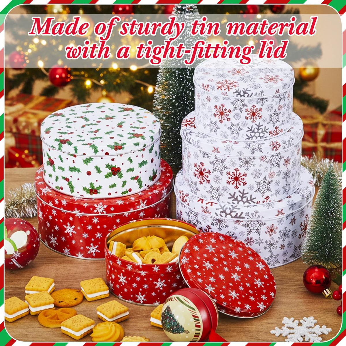 Yaomiao 9 Pcs Christmas Cookie Tins Set 3 Sizes Decorative Cookie Boxes Christmas Tins with Lids Holiday Treats Round Metal Nesting Containers Candy Biscuits Treat Boxes(Berries,Snowflakes,Tree)