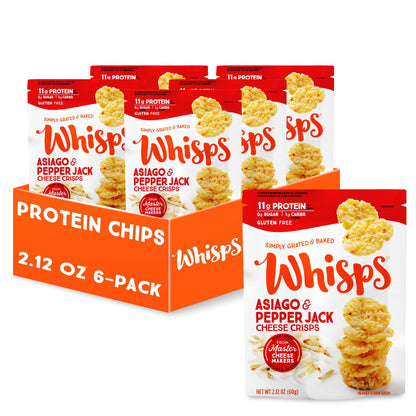 Whisps Cheese Crisps Asiago & Pepper Jack | Protein Chips | Healthy Snacks | Protein Snacks, Gluten Free, High Protein, Low Carb Keto Food (2.12 Oz, 6 Pack)