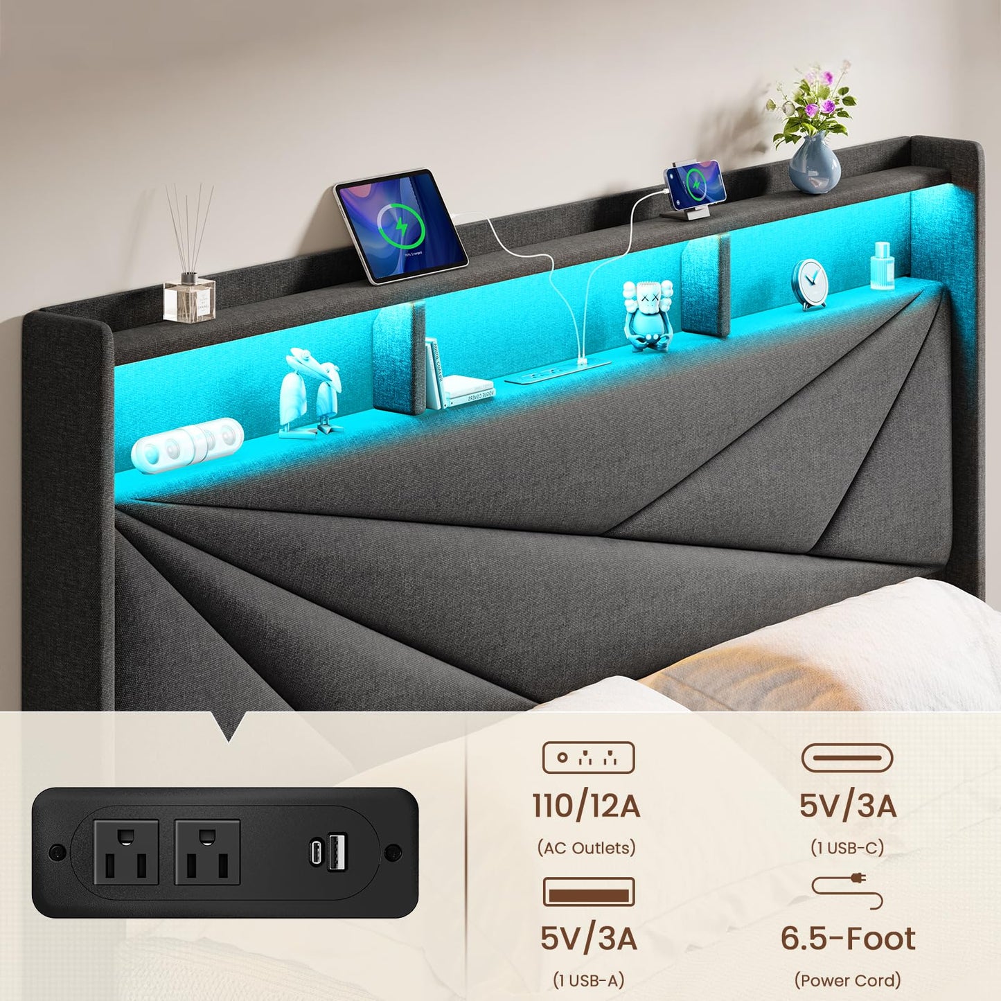 Driftalia Full Size Bed Frame with 2-Tier Storage Headboard, Upholstered Full Bed Frame with 2 Drawers, Charging Station and LED Lights, No Box Spring Needed, Easy Assembly - Dark Grey