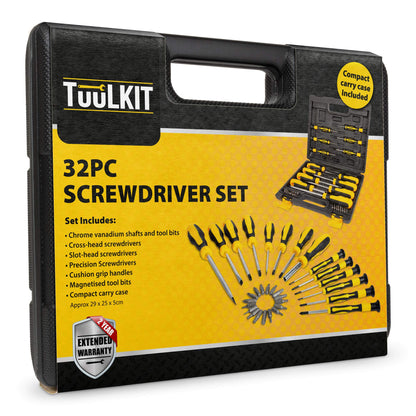 TuulKIT 32 Pieces Screwdriver Set with Compact Carry Case, Flat-Head, Cross-Head, Slot-Head and Precision Screwdrivers, Cushion Grip Handles, Magnetised Hex, Torx, Ph, Pz Bits