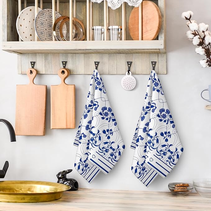 Blue Kitchen Towels Decorative Set of 2, Absorbent Boho Floral Dish Towels