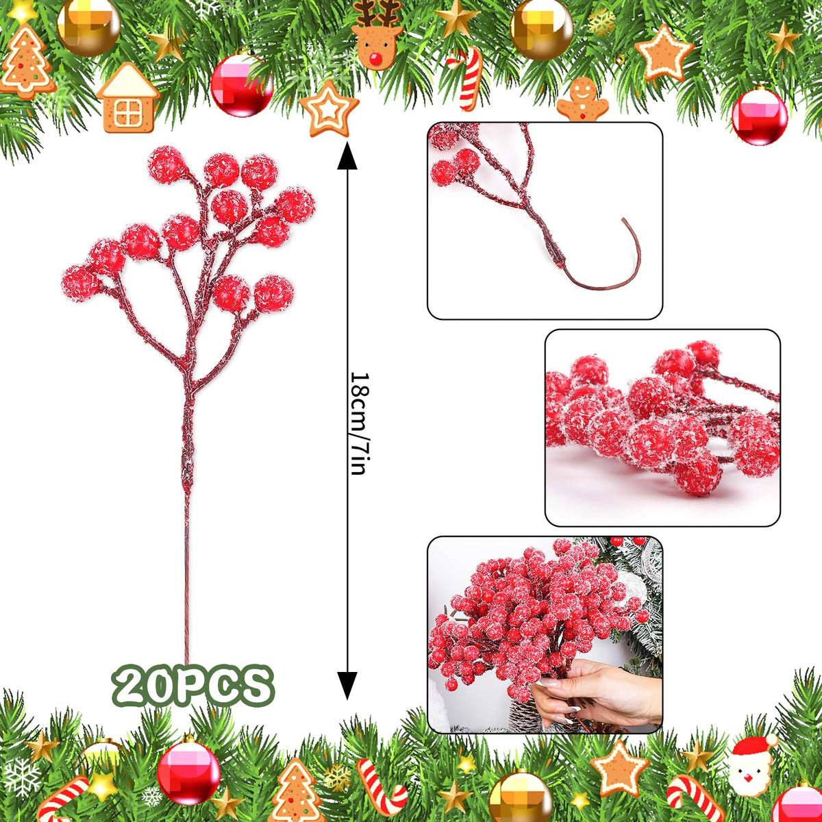 Fangoo 20 Pack 7 Inch Artificial Red Berry Picks for Christmas Tree Burgundy Red Berries Stems Holly Berry Branches Ornaments Wreath Crafts Wedding Holiday Season Winter Home Decor (Sprays Snow Red)