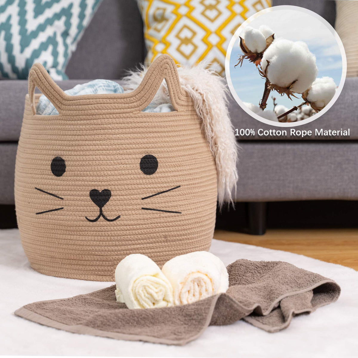 VK VK·LIVING Animal Baskets Large Woven Cotton Rope Storage with Cute Cat Design Laundry Organizer for Towels, Blanket, Toys, Clothes, Gifts – Cat Toy Box Pet or Baby Gift Baskets 15"Lx14H"