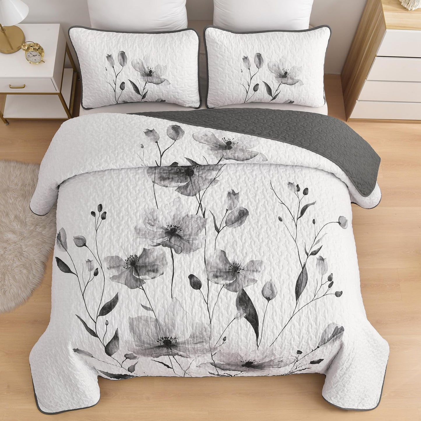 Mybedsoul Floral Quilt Set King Size, 3 Pieces Grey Bedspread Coverlet Set, Lightweight Farmhouse Botanical Bedding Set for Fall Winter All Season(104"x90")