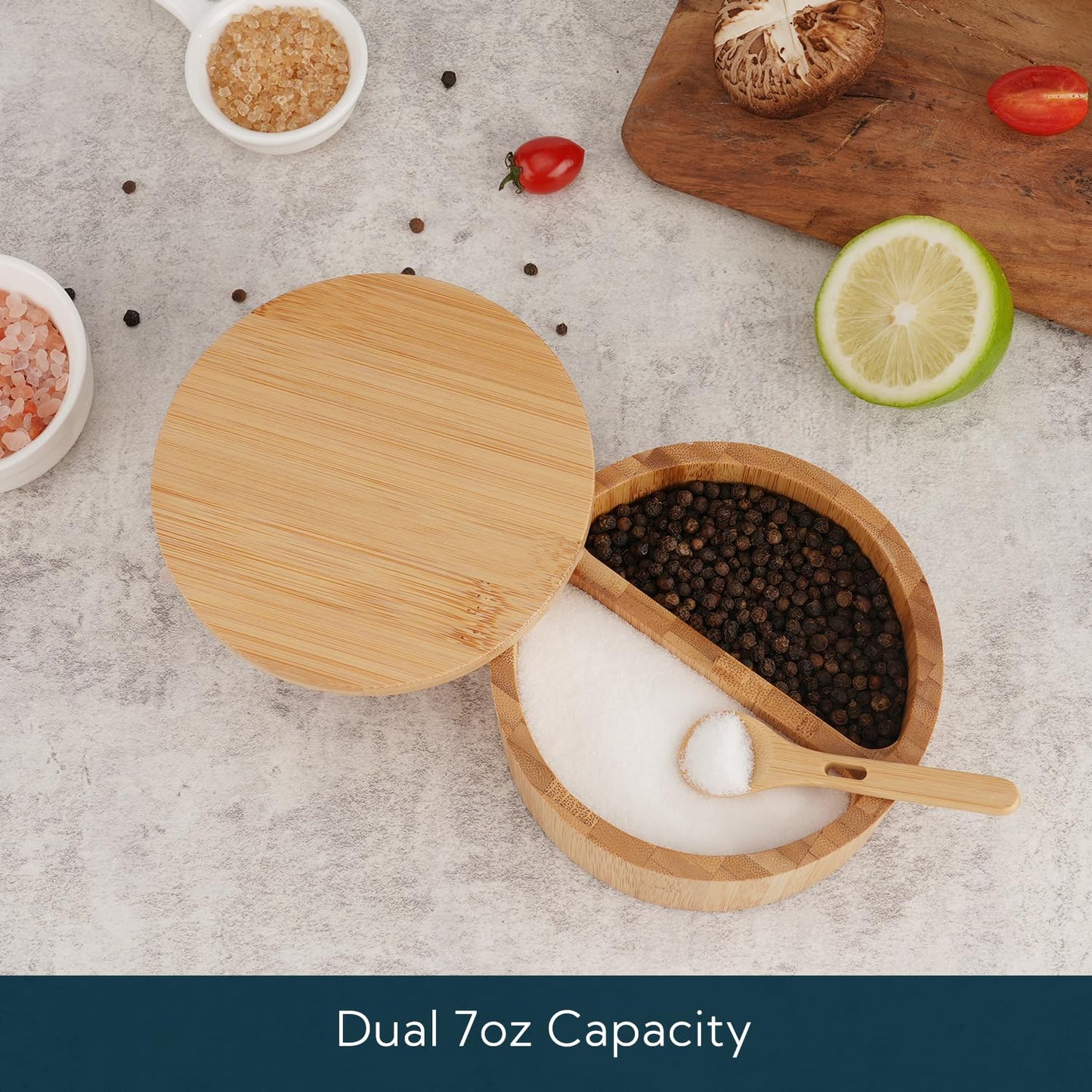 KITCHENDAO Bamboo Salt Cellar Bowl Box with Swivel Magnetic Lid to Store Pepper Spice