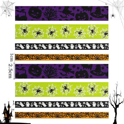 Linsoir Beads 70 Yards Halloween Grosgrain Ribbons Bat Spider Printed Ribbons Witch Hat Skull Pumpkin Ghost Printed Ribbons Assorted Halloween Decorative Wrapping Ribbons for Halloween Home Wreath