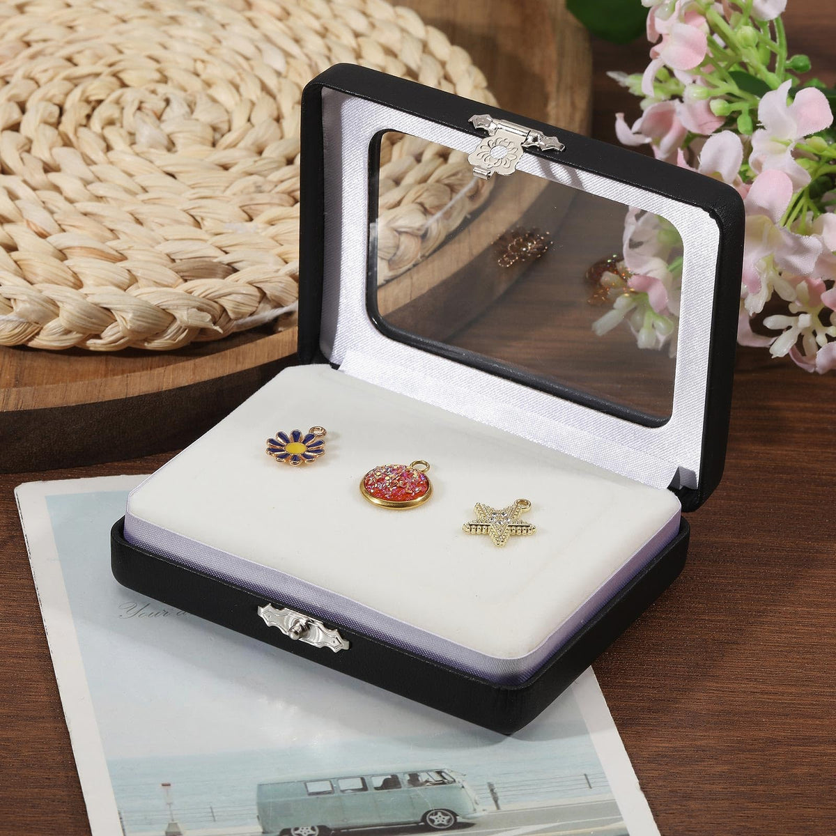 CONCHLERY Gem Display Loose Stone Box Rectangle Stone Box Loose Gemstone Display Case with Clear Top Lids and Sponge, Black