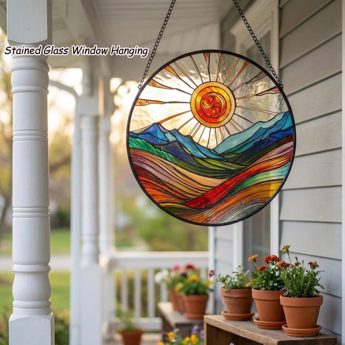 ZUSANG Sun Mountains Stained Glass Window Hanging, 9.8’’Sun Catcher Glass Panel Boho Wall Art Decor with Chain, Hand Painted Round Glass Gifts for Couples, Housewarming Gift