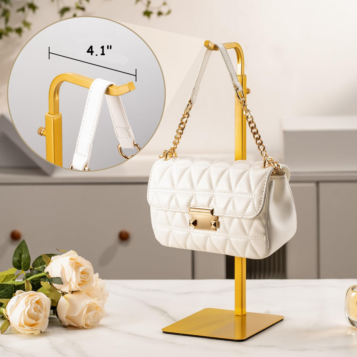 3 Pack Purse Holder Handbag Display Stand: Gold Hanger Rack for Bags, Purses, and Wreath, Adjustable Hook Stand for Tabletop, Closet, and Retail Use for Vendors