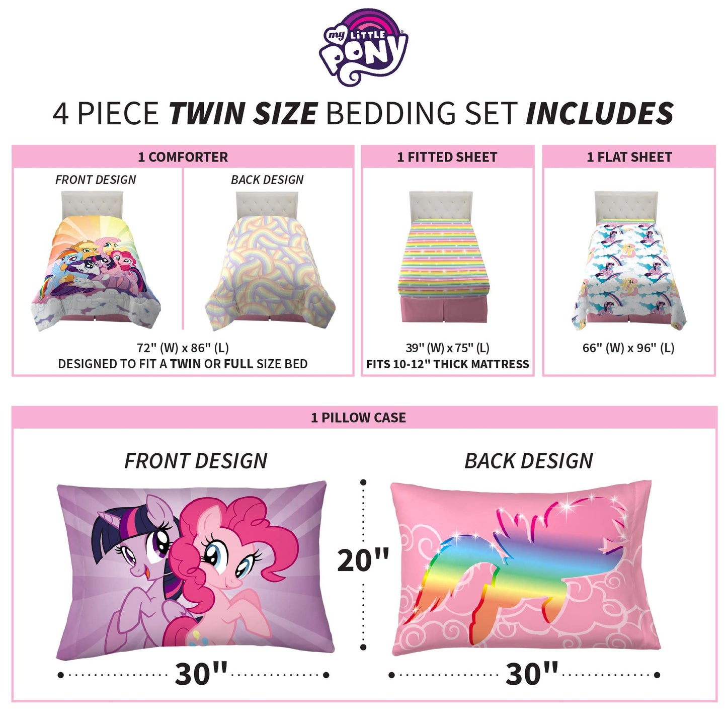 Franco Kids Bedding Super Soft Microfiber Comforter and Sheet Set, 4 Piece Twin Size, Unicorn My Little Pony