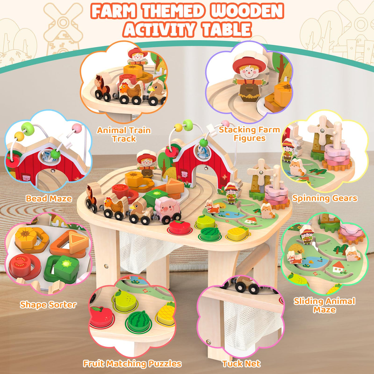 Weilim Montessori Activity Table for 1 Year Old, Wooden Farm Toddler Toy