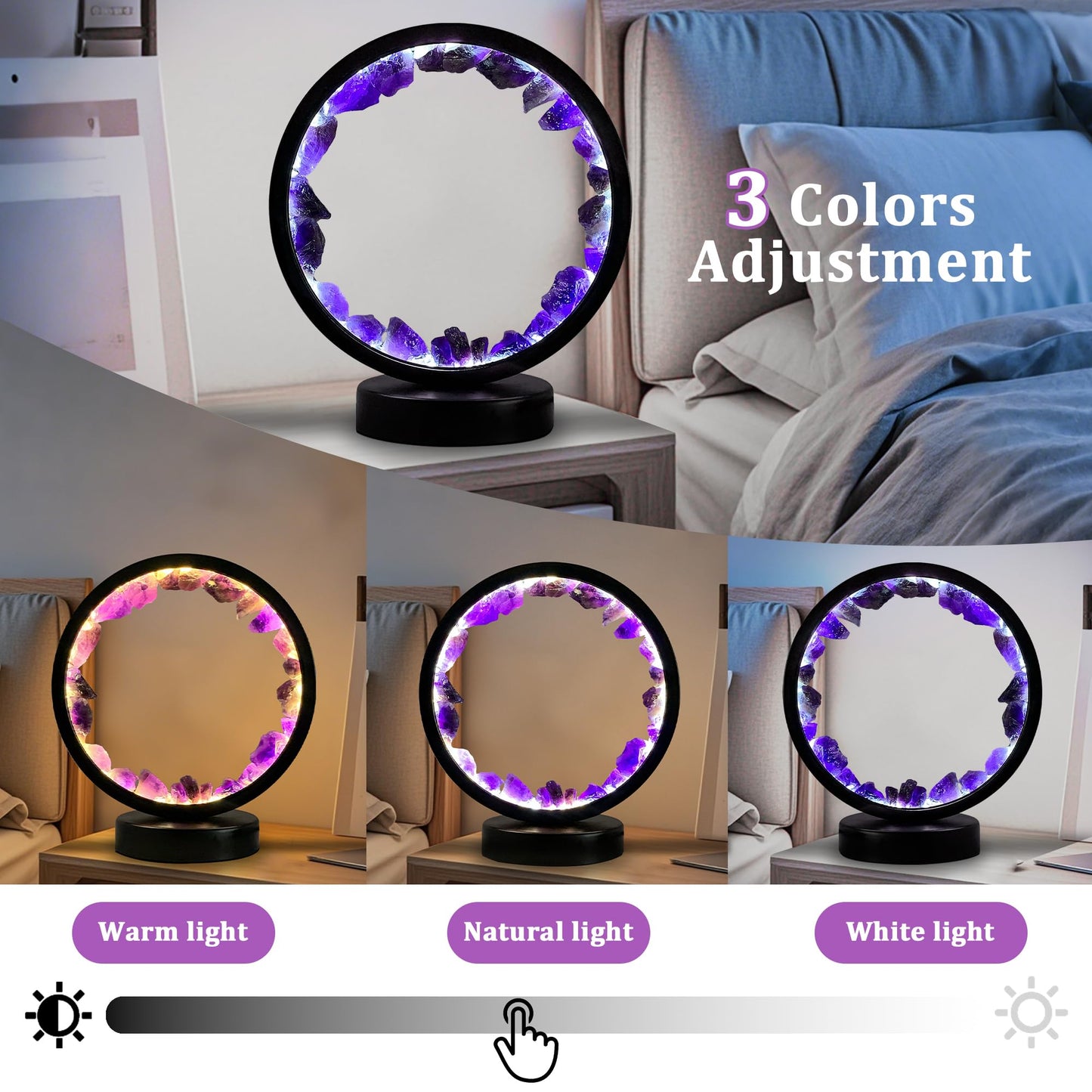 Crystals Night Light Amethyst Table Lamp,Natural Raw Amethyst Selenite Calming Lamps Crystal Healing Stone Bedside Light with 3 Color Dimming Mode,Nightlight for Office Mother's Day Birthday Gifts