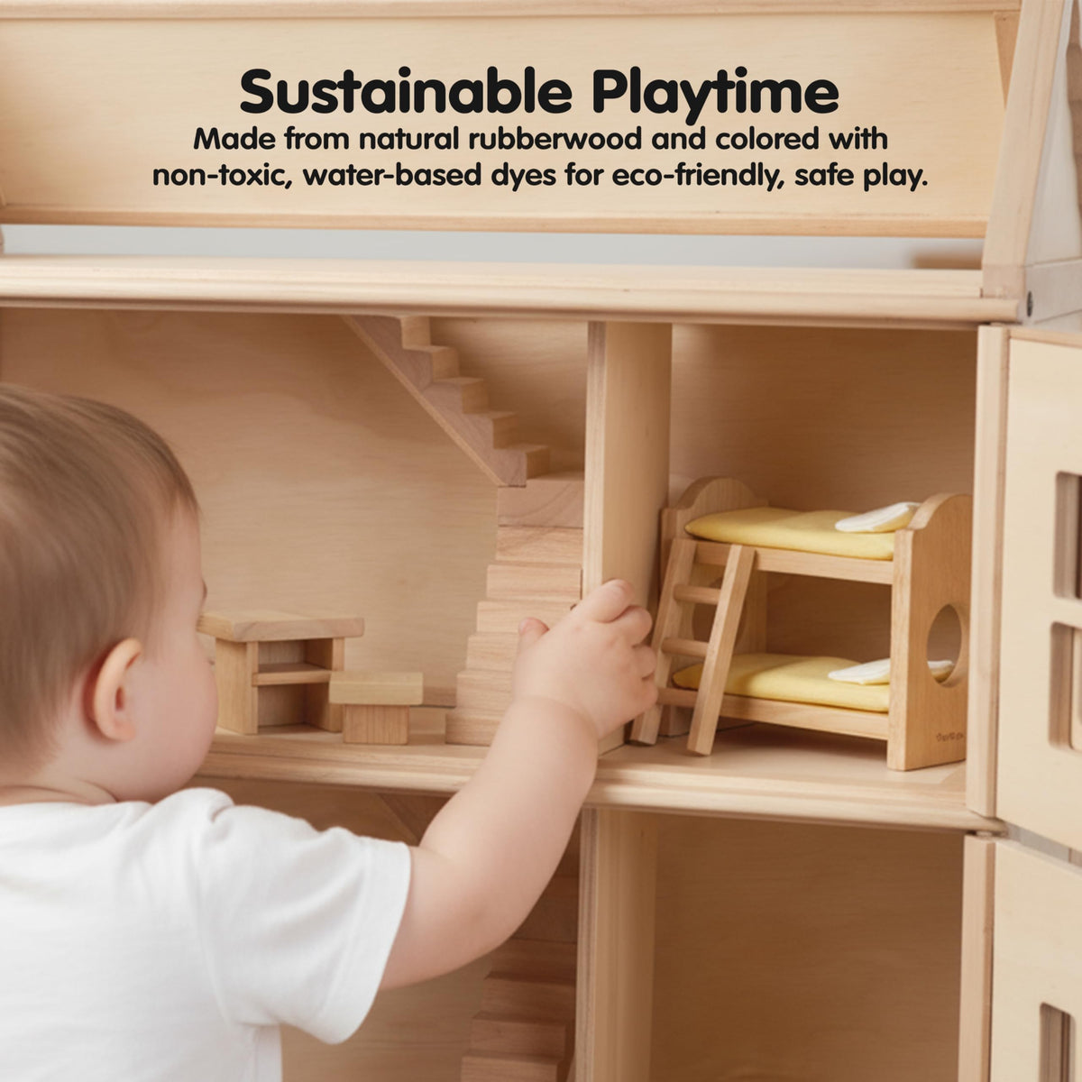 PlanToys® Wooden Children’s Room Classic Set for Montessori Small World Play | Creative Role Play and Social Interaction | Eco Friendly Wooden Dollhouse Bedroom Furniture for Imaginative Play
