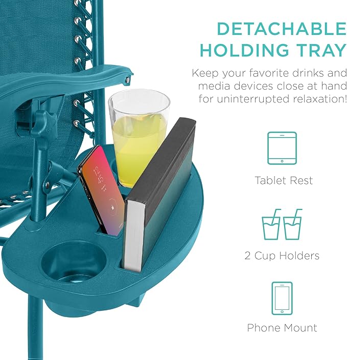 Best Choice Products Set of 2 Adjustable Steel Mesh Zero Gravity Lounge Chair Recliners w/Pillows and Cup Holder Trays - Peacock