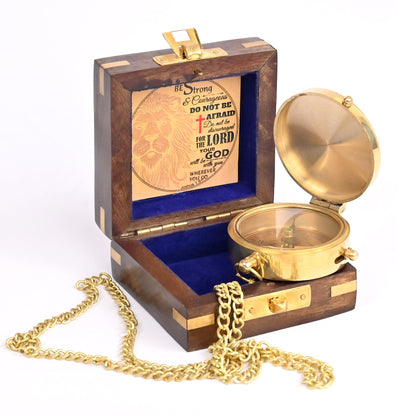 The New Antique Store - Brass Compass Engraved with Religious Scripture Verse (Joshua 1:9) - Perfect for Baptism, Confirmation, Communion - Ideal for Godson, Church, Graduation - Presented in Wood Box