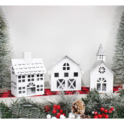 AuldHome Design Farmhouse Christmas Village Collection #2 w/Church, Barn and School (Set of 3, White); Candle Lantern Decorative Christmas Town Display