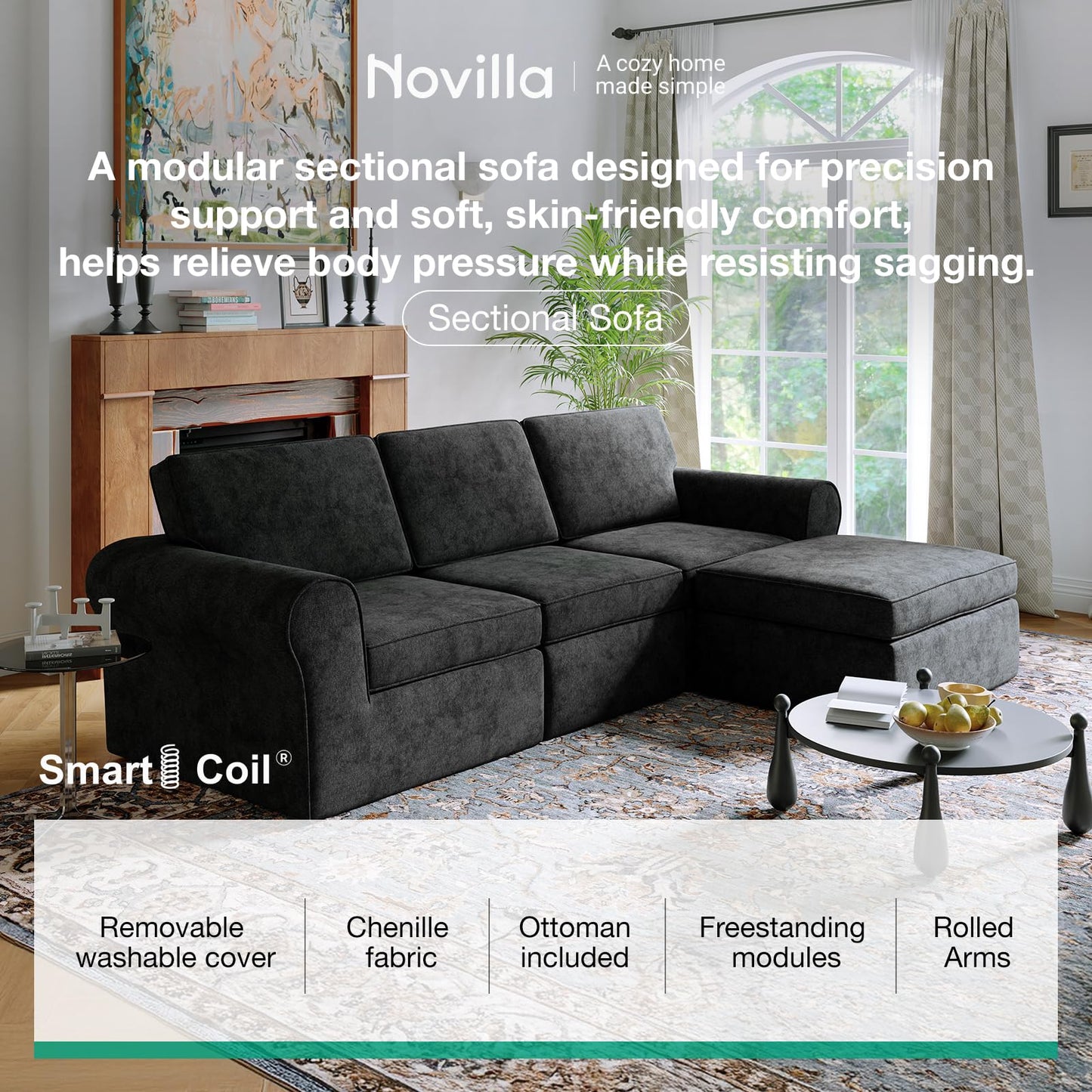 Novilla 138" Modular Sectional Sofa, Modular Sectional Couches for Living Room, Chenille Removable Cover Boneless Couch with Smarts Coil® Support U-Shaped Couch(Dark Grey, 4 Seater + 2 Ottoman)