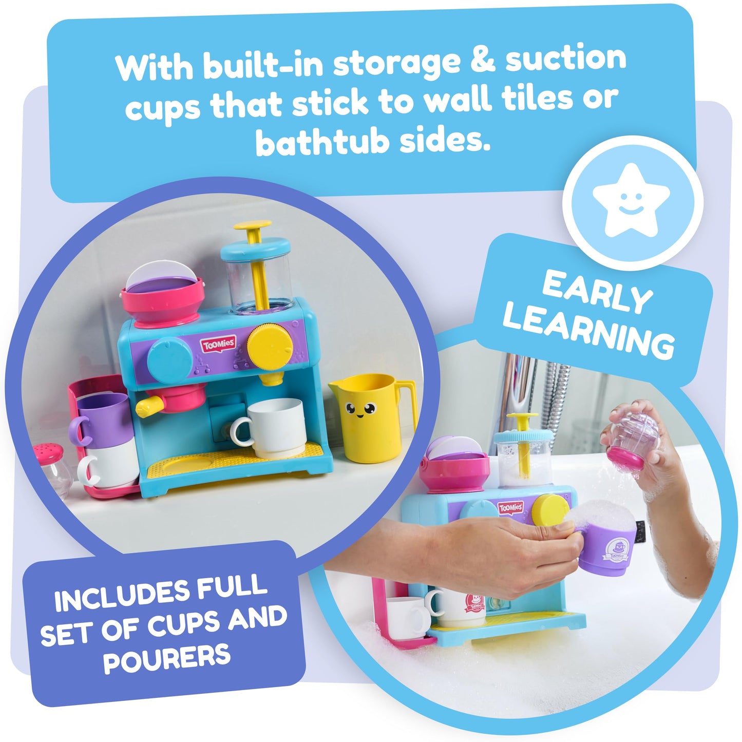 Toomies Bath Barista - Pretend Cafe Baby Bath Toys - Wall Mounted Bubble Bath Play Kitchen Toddler Toys - Kids Kitchen Set Includes 3 Cups, 1 Jug, 1 Shaker - +18 Months Boys Toys & Girls Toys