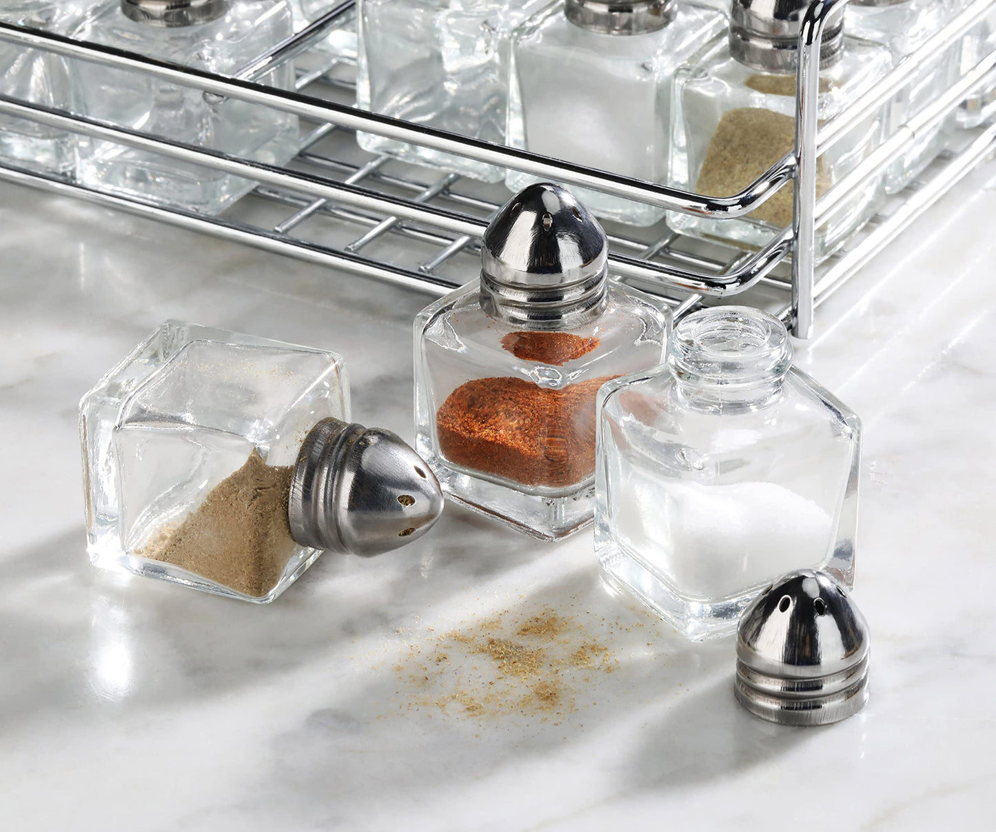 New Star Foodservice Glass Cube Mini Salt and Pepper Shaker with Rack (Silver, Stainless Steel)