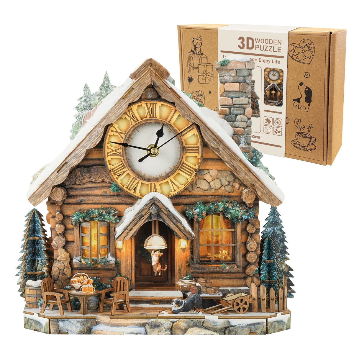 wudhank 3D Puzzle for Adults Clock - Swiss Chalet Design Model Kit-Mechanical DIY Pendulum Clock with Roman Numerals-Desk Home Office Decor Personalized Gift for DIY Lovers