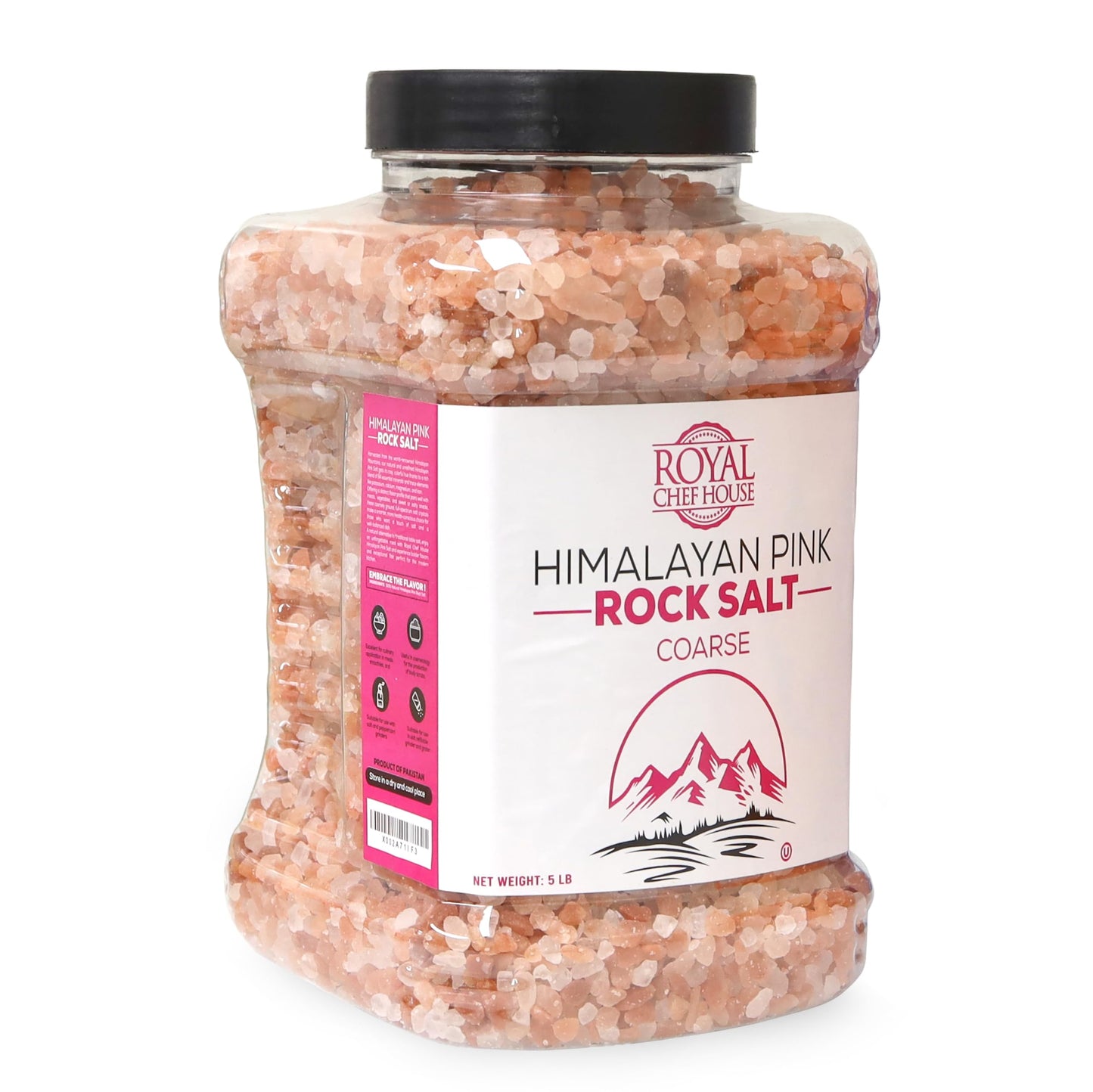 RoyalHouse, Himalayan Pink Salt 5 lbs Coarse Grain Bulk in Jar, Pure Gourmet Crystals, Natural Contains 84 Minerals, Suitable for Body Bath Scrubs, Table Salt For Grinders & Salt Mills Kosher