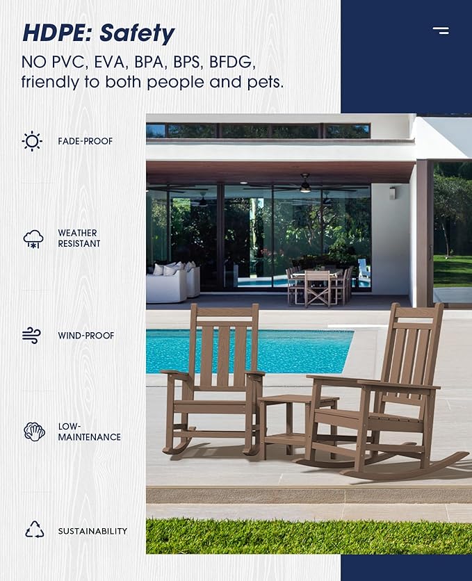 KINGYES Oversized Outdoor Rocking Chair Set of 4, All-Weather Patio Rocking Chairs for Porch, HDPE Outdoor Patio Rockers with High Back & Wide Seat for Garden, Lawn, Brown