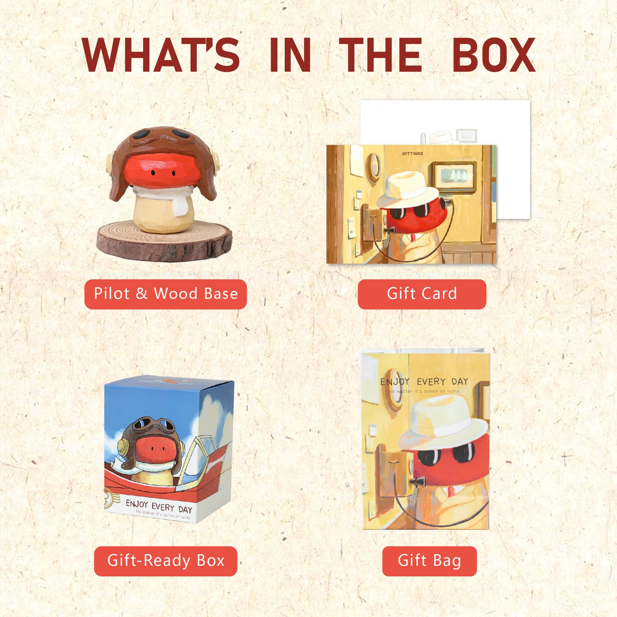 Jottings Handmade Wooden Pilot, Cute Funny Mushroom Figurine Desk Decor