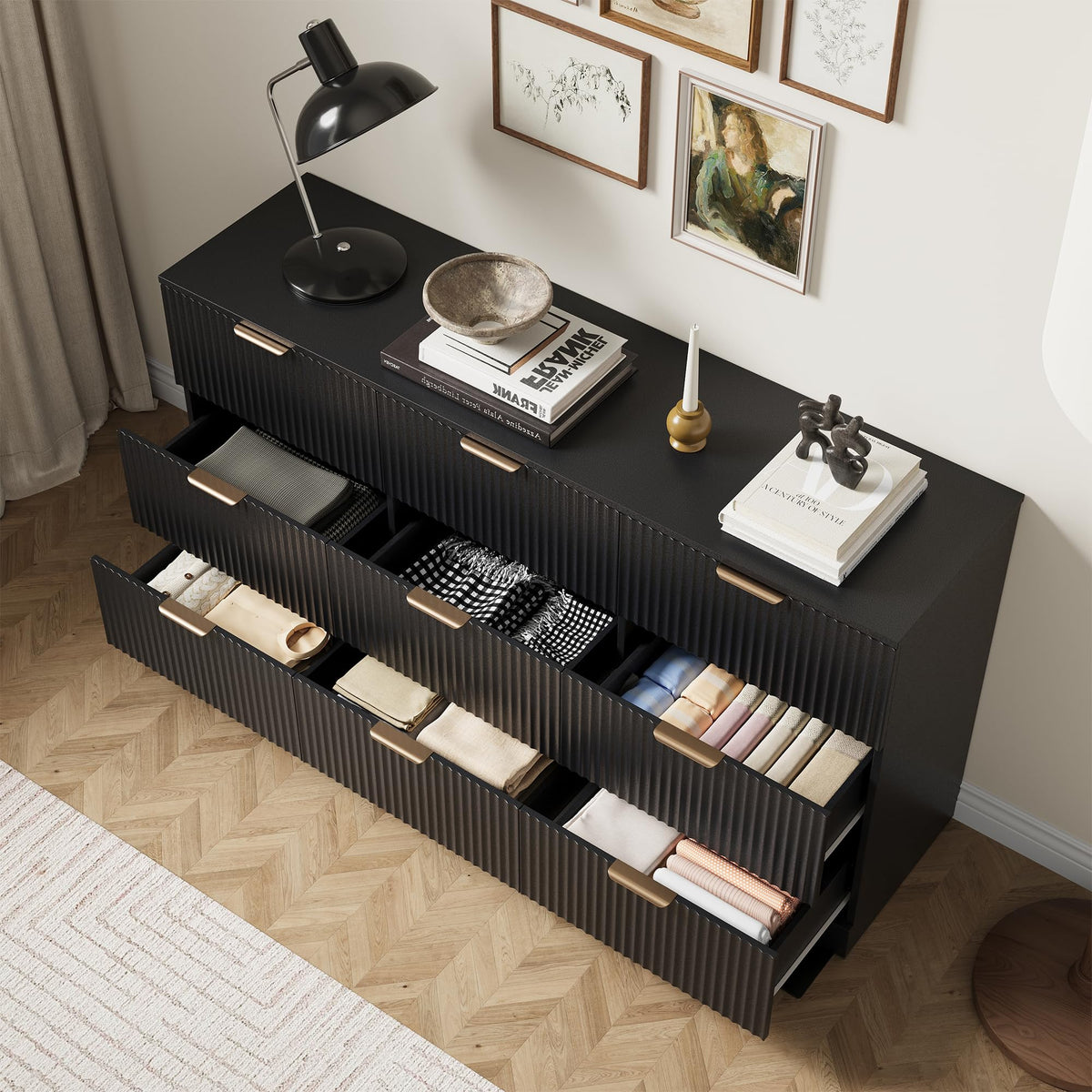 MALOL Fluted 9 Drawer Dresser for Bedroom, 59" Wide Wood Chest of Drawers with Metal Handle, Long Dresser Storage Organizer TV Stand for Closet, Living Room, Hallway, Black