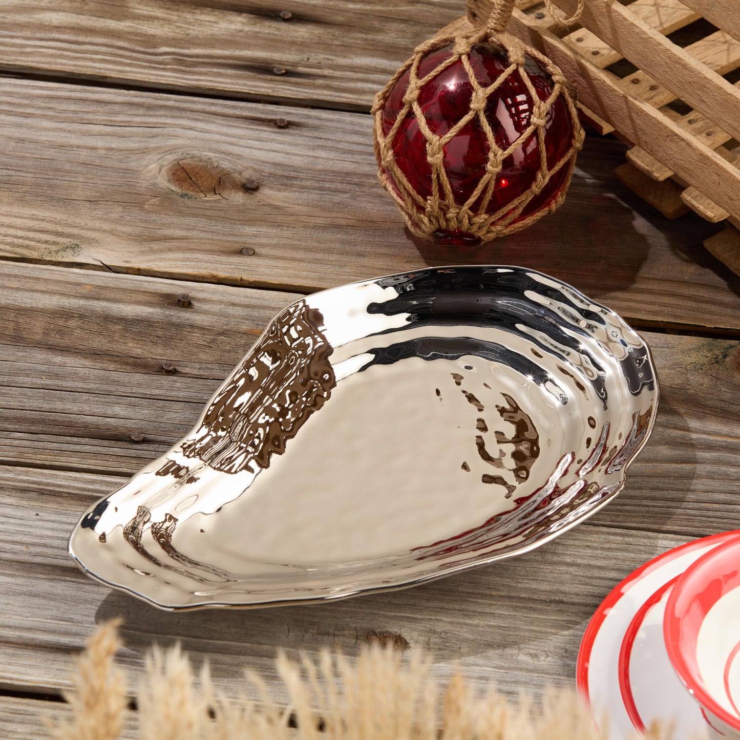 Silver Plated Porcelain Oyster Platter – 15.5 x 10 Inches, Tarnish-Resistant Elegance for Dining & Entertaining